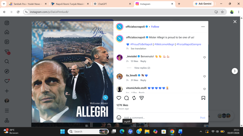 Massimiliano Allegri Resmi Latih Napoli, Siap Bawa Partenopei Bersaing di Serie A dan Eropa. Instagram @officialsscnapoli
