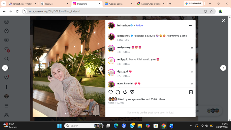 Kuasa Hukum Ungkap Alasan Larissa Chou Gugat Cerai Ikram Rosadi. Instagram @larissachou