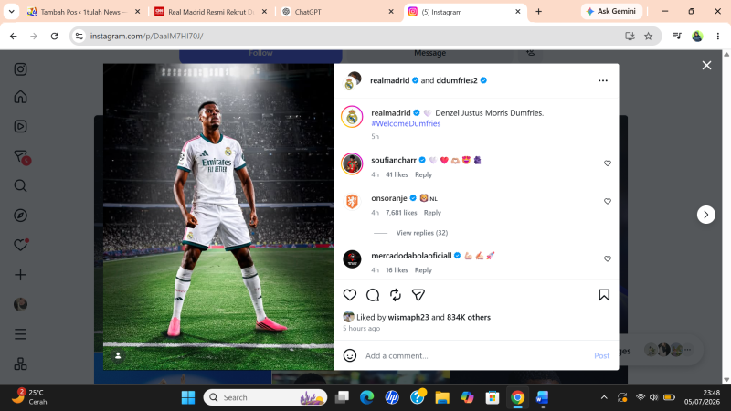 Dumfries Tinggalkan Inter Milan, Siap Jadi Amunisi Baru Madrid. Instagram @realmadrid