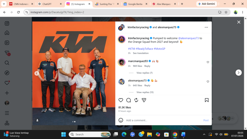 Alex Marquez Akhiri Kebersamaan dengan Gresini, Siap Bela Tim Pabrikan KTM. Instagram @ktmfactoryracing
