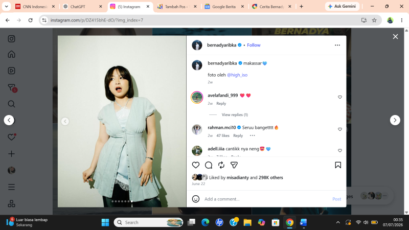 Bernadya Cerita Awal Karier, Lagu Ciptaannya Ubah Nasib Keluarga. Instagram @bernadyaribka