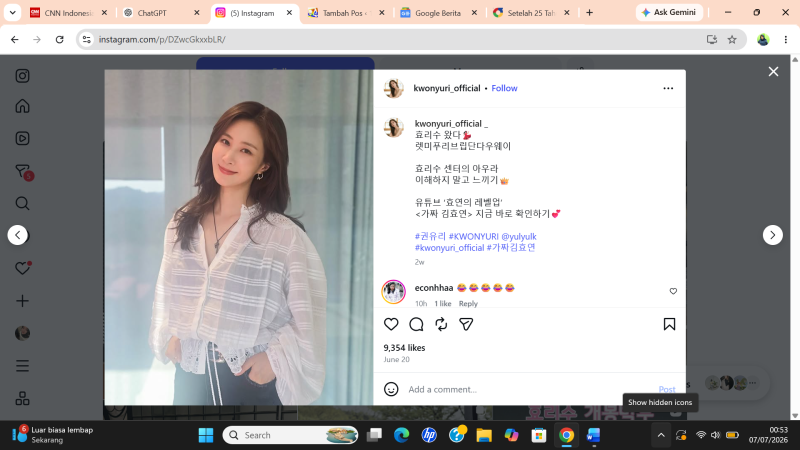 Yuri SNSD Buka Peluang Tinggalkan SM Entertainment demi Fokus Berakting. Instagram @kwonyuri_official