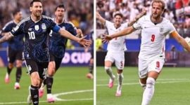 Potret LIonel Messi dan Harry Kane dalam laga semifinal Argentina vs Inggris (Yahoo Sports)