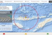 Peta BMKG menunjukkan gempa bumi magnitudo 7,7 yang terjadi pada Sabtu (15/8) pukul 05.58 WITA di wilayah Pulau Flores, Nusa Tenggara Timur. BMKG sempat mengeluarkan peringatan dini tsunami yang kemudian dinyatakan telah berakhir. (ANTARA/HO-BMKG NTT) 