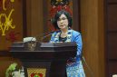 Sekretaris Daerah Provinsi Kalimantan Tengah Linae Victoria Aden saat mewakili Gubernur Kalteng dalam Rapat Koordinasi Pemenuhan Penilaian Tim Evaluasi Laporan Kinerja Program Strategis Nasional Kementerian Dalam Negeri di Aula Eka Hapakat, Kantor Gubernur Kalteng, Jumat (14/8/26).