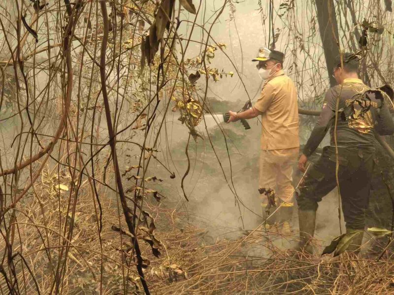 Gubernur Kalimantan Tengah H. Agustiar Sabran turun langsung membantu upaya pemadaman kebakaran hutan dan lahan di Jalan Cilik Riwut Km 17, Palangka Raya, Selasa (15/9/26).
