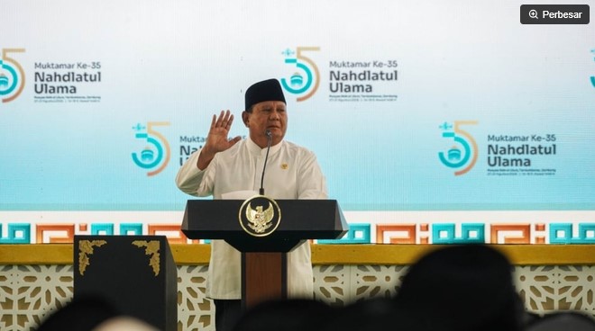 Presiden Prabowo Subianto saat membuka Muktamar ke-35 NU di Jombang, Kamis (27/8/2026). [Suara.com/dok]